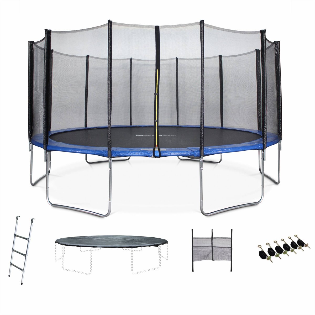 Trampoline Jupiter XXLØ 490cm, veiligheidsnet, ladder, dekzeil, verankeringskit en opbergnet